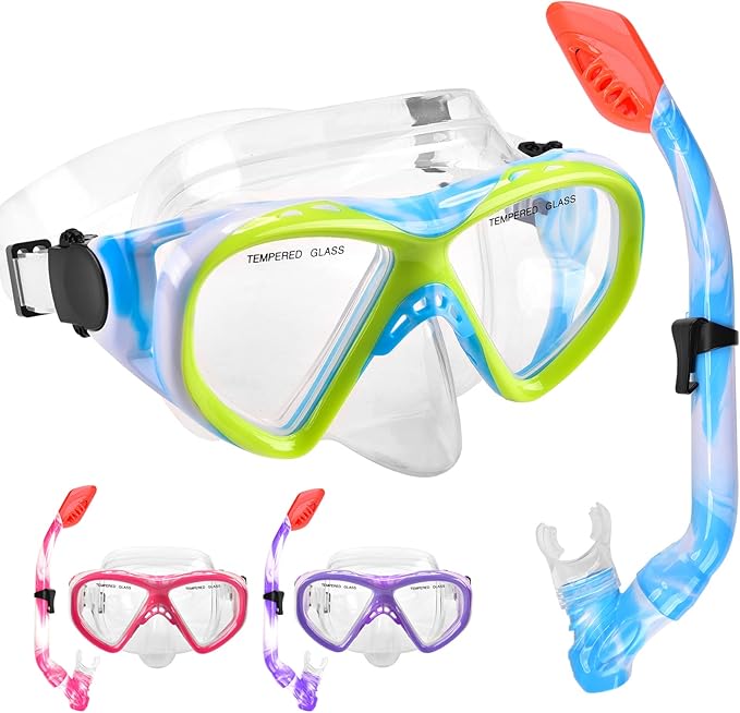 Kids Snorkel Set Dry Top Snorkeling Gear for Kids Youth Boys Girls Junior Age 5-15,Tempered Glass Swimming Diving Mask and Snorkel Set 180 Degree Panoramic View