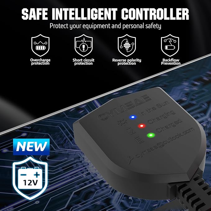 OYMSAE 12V Solar Battery Charger ，5W Waterproof Solar Battery Maintainer,Portable Solar Panel Charger with Upgraded Controller for Car, Motorcycle, Boat, Marine, RV, Trailer, Tractor,Truck, etc