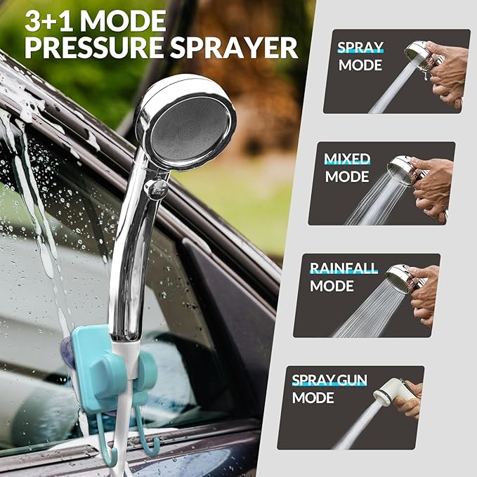 Portable Camping Shower, Pop Up Shower Privacy Tent Kit with LED Lights, 4500mAh Rechargeable Shower Pump, Filtered Shower Head & 7.4 Gallons Foldable Bucket, Outdoor Shower for Hiking Beach, Travel