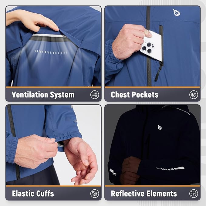 baleaf Men's Rain Jacket Waterproof Windbreaker Raincoat Running Cycling Hiking Gear Hood Lightweight Reflective Packable