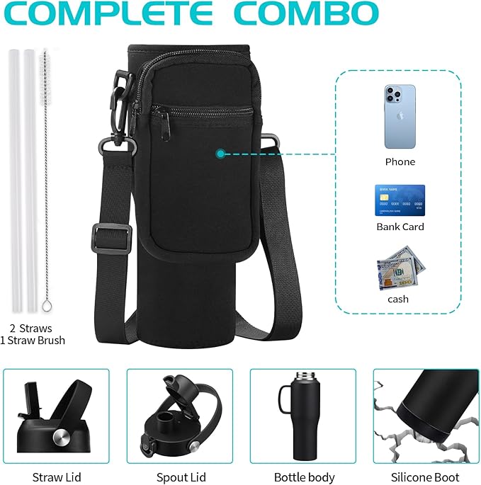 32 40 OZ Stainless-Steel Cup with Handle - Vacuum Insulated Water Bottles with Straw, Strap Carrier Bag & Protective Boot, Leak Proof Coffee Tumbler Thermo Flask Cups for Car Office Gym