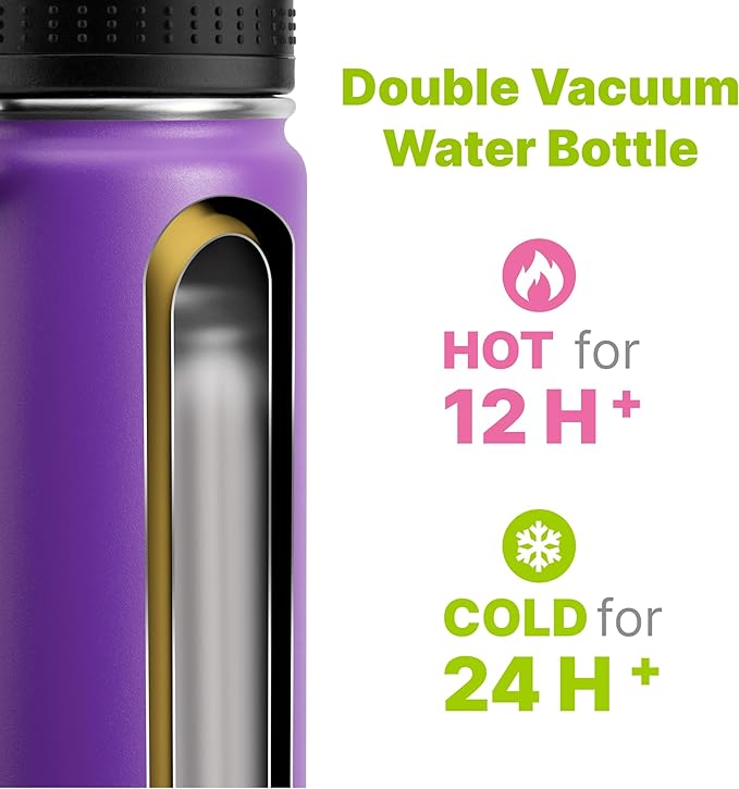 Insulated Water Bottle-22 oz Stainless Steel Double Wall Vacuum Wide Mouth Water Bottle with Spout Lid-Metal Leak Proof Flask for Travel (Purple)