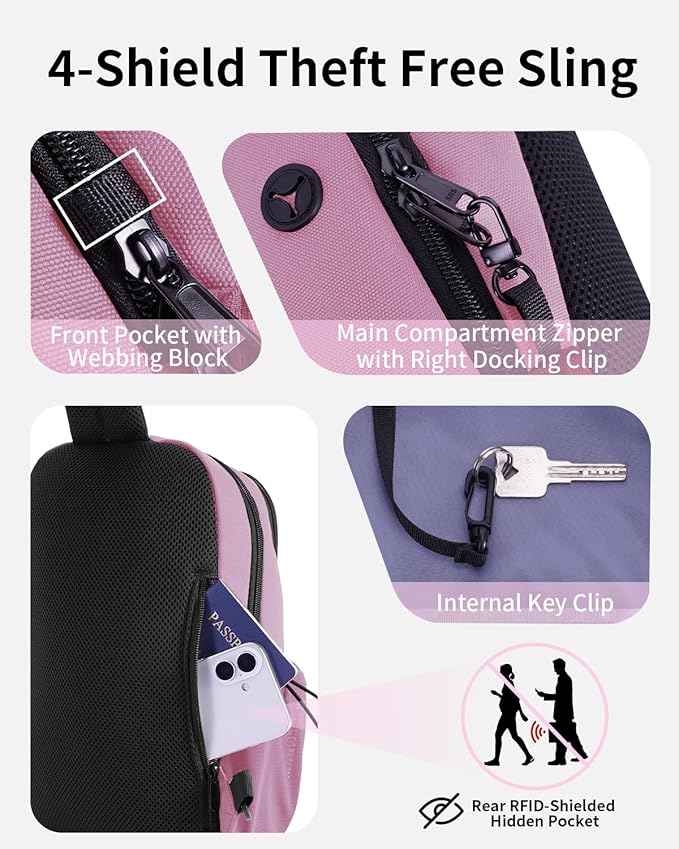 ECOHUB Crossbody Bags for Women Men, Anti-Theft RFID Blocking Roomy Sling Backpack with Sturdy SBS Zippers Water Resistant Chest Shoulder Bag Daypack with 9 Pockets Casual Outdoor Hiking, Pink