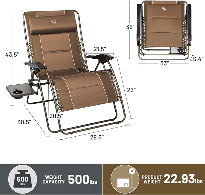 TIMBER RIDGE Oversized Zero Gravity Chair, 33In Wide XXL Zero Gravity Reclining Chair with Side Table, Full Padded Lounge Chair for Outdoor Camping Patio Lawn, Heavy Duty Supports 500lbs, Brown-1 Pack