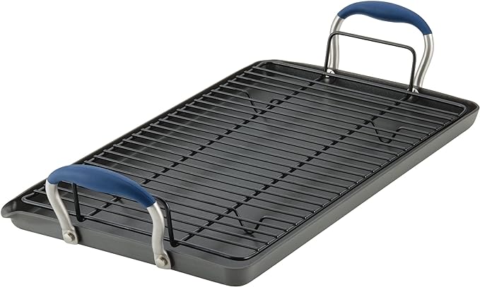 Anolon Advanced Hard Anodized Nonstick Double Burner Griddle with Multi-Purpose Rack, 10-Inch by 18-Inch, Indigo