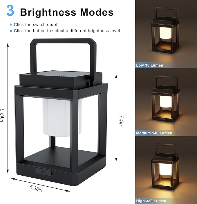 Outdoor Table Lamp, 3-Level Brightness Warm LED Lantern, USB & Solar Powered Solar lantern Waterproof, Touch Control Outdoor Lamps, Portable Cordless Lights for Patio, Balcony, Camping, Bedroom