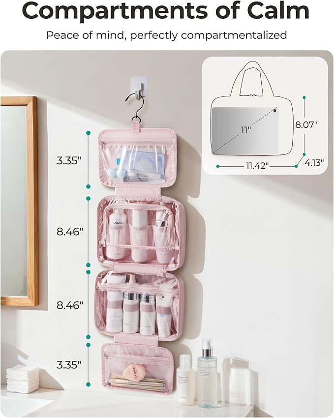 BAGSMART Travel Toiletry Bag for women, Portable Hanging Hook Makeup Bag Organizer, Waterproof Makeup Cosmetic Bag, for Full-Size Accessories, Toiletries,Baby Blue