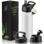 SipX™ Triple-Insulated Stainless Steel Water Bottle 18oz. With 3 Lids, BPA-Free Reusable Insulated Water Bottle Keeps Cold 24 Hours, (White)