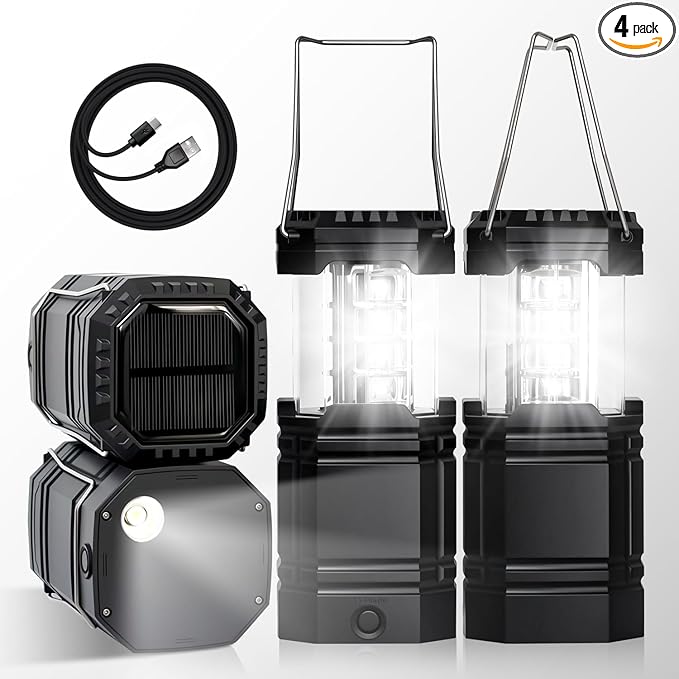 Camping Lantern Rechargeable, Solar & USB C Powered 2-in-1 Flashlight &Tent Light, Emergency Camping Light, Hanging Lanterns for Power Outages, Black 4 Pack