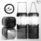 Camping Lantern Rechargeable, Solar & USB C Powered 2-in-1 Flashlight &Tent Light, Emergency Camping Light, Hanging Lanterns for Power Outages, Black 4 Pack