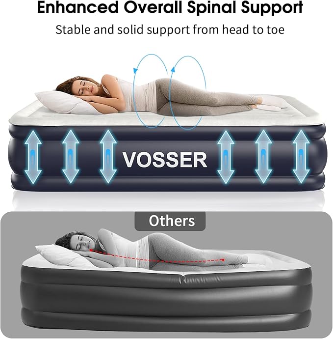 Air Mattress Queen with Built in Pump,18'' Inflatable Mattress of Vertical Beams,Self Inflatable/Deflation Blow Up Mattress in 3 Mins,Flocked Top Airbed with Carry Bag for Home, Camping