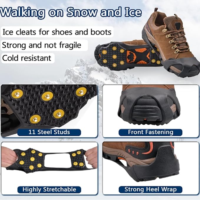 Ice Cleats Snow Traction Cleats for Shoes and Boots Anti Slip Crampons 11 Studs Rubber Walk Traction Grippers Non-Slip Overshoe for Women Men Walking on Snow and Ice