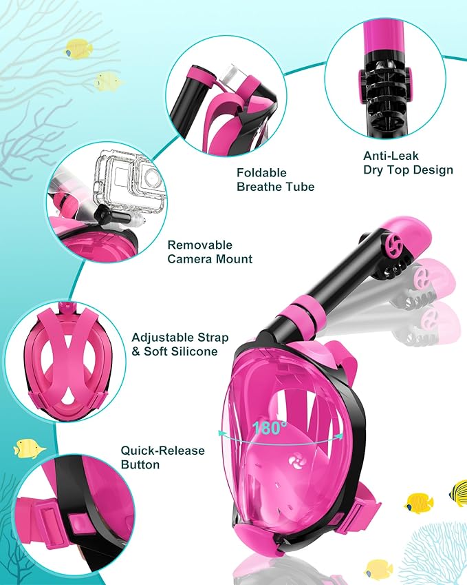 Mask Fins Snorkeling Gear for Adults, Full Face Snorkel Mask & Adjustable Swim Fins Snorkel Set, Panoramic View Snorkel Mask Dry Top Anti-Fog Anti-Leak