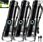 3 Pack Rechargeable LED Flashlights High Lumens, 90,000LM Super Bright Flashlight, Adjustable 5 Modes Powerful Flash Light with USB Cable, Waterproof Handheld Flashlight for Home Camping Emergencies