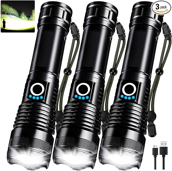 3 Pack Rechargeable LED Flashlights High Lumens, 90,000LM Super Bright Flashlight, Adjustable 5 Modes Powerful Flash Light with USB Cable, Waterproof Handheld Flashlight for Home Camping Emergencies
