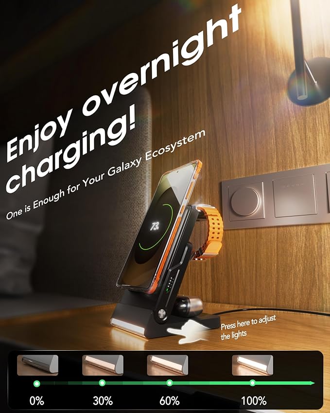 Foldable Charging Station for Samsung,5 in 1 Magnetic Wireless Charger 10000mAh Detachable Portable Power Bank Nightstand Compatible for Galaxy S25 Edge/Z Fold/Flip 7/S25/S24/S23,Galaxy Watch8,Bud