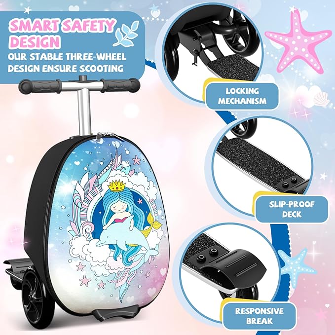 Baotree Scooter Suitcase for Kids, 2 in 1 Ride-on Luggage with Flash PU Wheels, Adjustable Handle & TPR Non-Slip Grip, Foldable & Lightweight, Ages 5-12