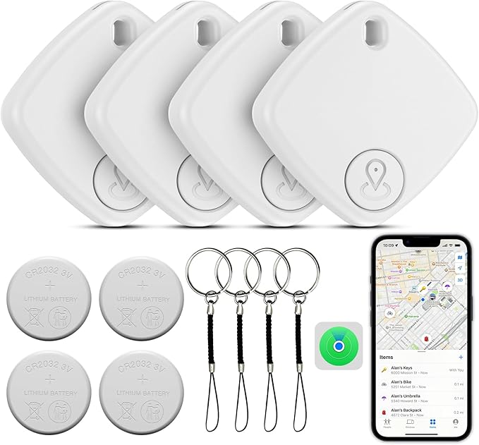 Tracker Tags-4 Pack, Bluetooth Tracker Work with Find My (iOS Only), Smart Trakcer Tag Key Finder and Item Locator with Lanyard, Tracker Tag for Keys, Luggage Replaceable Battery