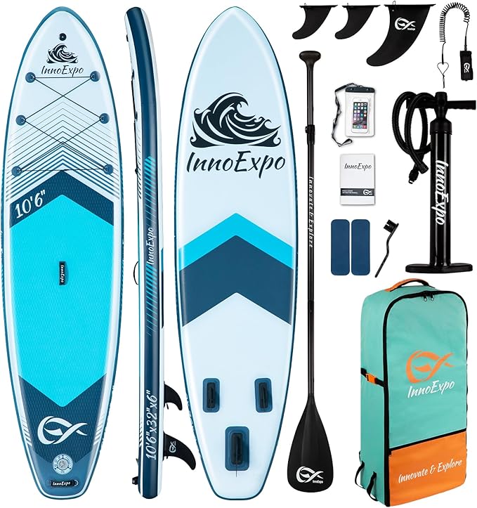 InnoExpo Inflatable Stand Up Paddle Boards with Premium Accessories, Wide Stable SUP Paddle Board Design, Non-Slip Comfort Deck for Youth & Adults