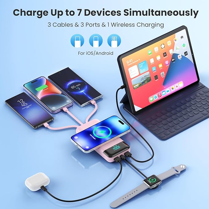 Wireless Portable Charger 40800mAh for iPhone with 3 Built-in Cables,7-in-1 15W Wireless Charging USB C Power Bank,LCD Display 25W PD QC 4.0 Fast Charging Battery Pack for iPhone 16/15/14/13/12-Pink