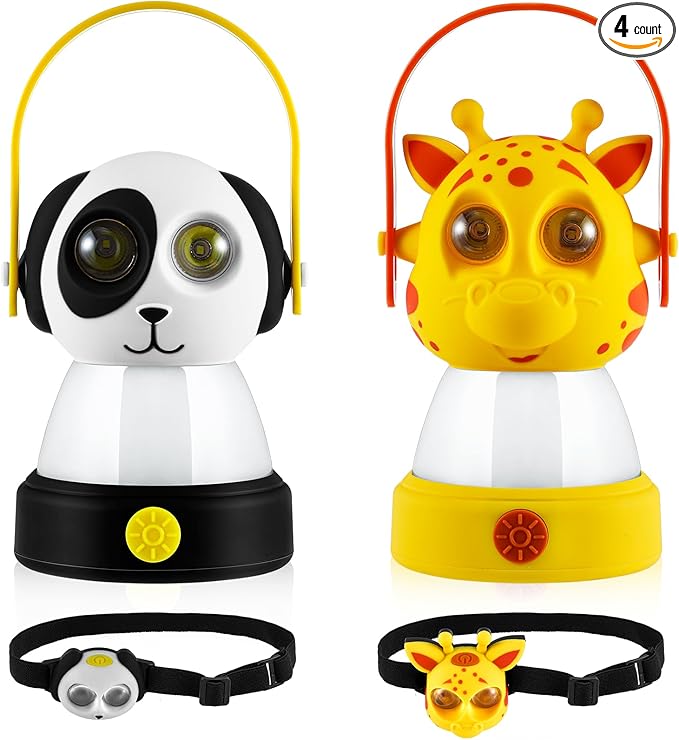 VIHOSE 2 Set Animal LED Camping Lantern and Headlamp 4 Pcs Animal Themed Camping Equipment Room Nightlight Battery Powered Night Light for Emergency, Hurricane, Lightweight Tent Lamp