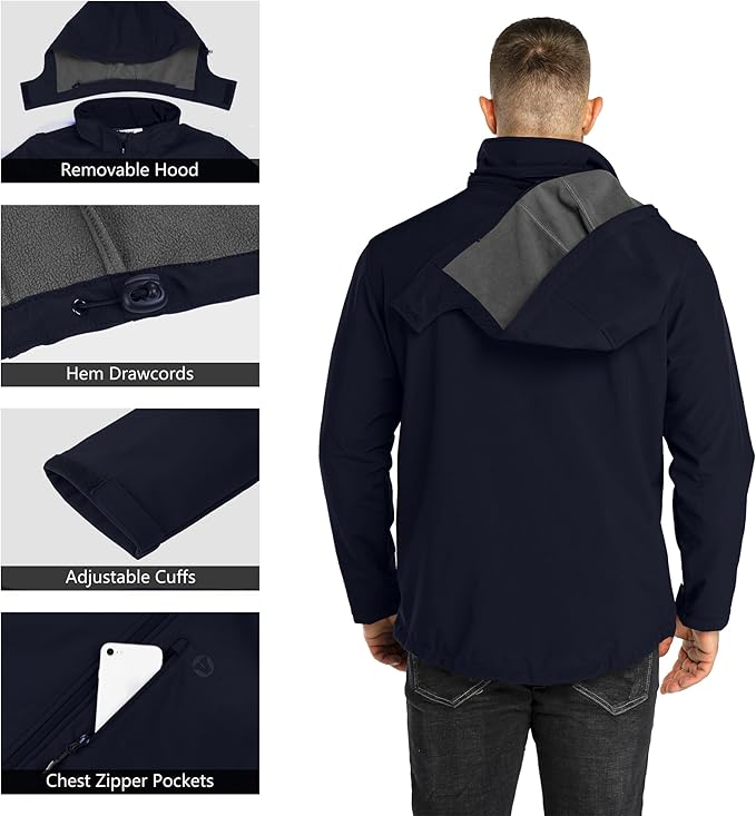 Outdoor Ventures Men's Lightweight Softshell Jacket Fleece Lined Hooded Water Resistant Winter Hiking Windbreaker Jackets
