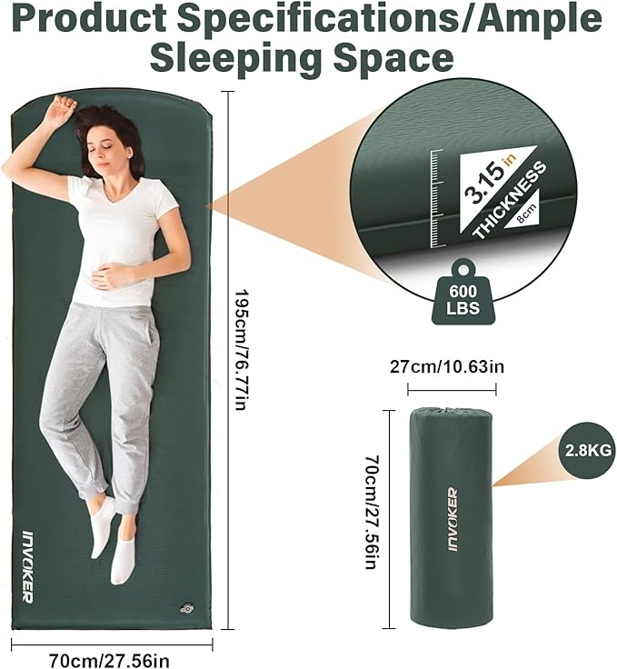 3.15" Self Inflating Camping Sleeping Pad, Ultra-Thick Elasticity Foam Fast Inflating 4-Season Insulated Durable Camping Mat Air Mattress with Pillow, for Tent, Car, Camping, Traveling, Green