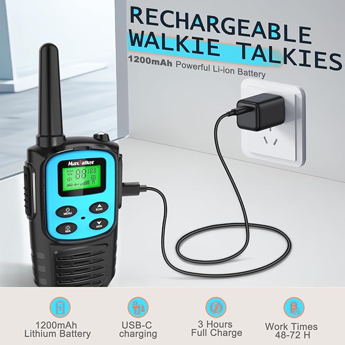 Walkie Talkies Long Range for Adult, MT10 Rechargeable Walkie Talkies FRS Two Way Radio, NOAA, 1200mAh Li-ion Battery USB-C Cable, LED Flashlight,VOX Walkie Talkie for Camping 2Pack (Blue)
