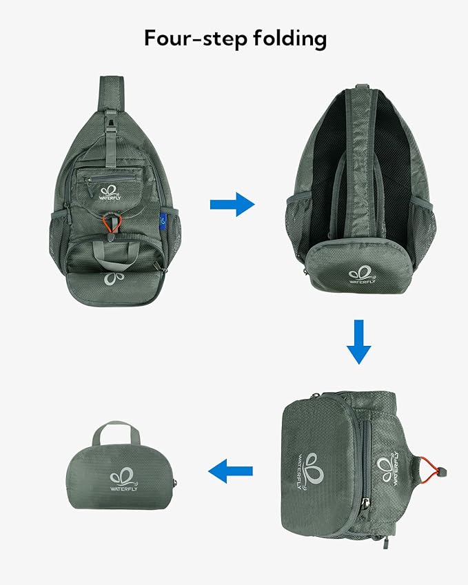 WATERFLY Packable Small Crossbody Sling Backpack Shoulder Chest Bag Daypack for Hiking Traveling Grey