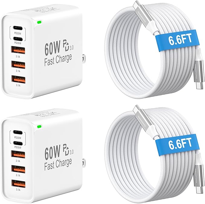 2Pack USB C Fast Charger Block, 60W 5-Port USB C Wall Charger with 6.6FT USBC to USBC Cord, 2USB C+3USB A PPS/PD 3.0 Multiport Charging Cube for iPhone 17 16 15 Pro Max,for Galaxy S25 S24 Ultra,i Pad
