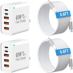 2Pack USB C Fast Charger Block, 60W 5-Port USB C Wall Charger with 6.6FT USBC to USBC Cord, 2USB C+3USB A PPS/PD 3.0 Multiport Charging Cube for iPhone 17 16 15 Pro Max,for Galaxy S25 S24 Ultra,i Pad