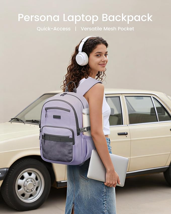 LOVEVOOK Laptop Backpack Women with 40oz Cup Holder Buckle Strap, 15.6 Inch Tech-Ready Work Backpack, TSA-compliant for Travel & College with Versatile Mesh Pocket, Mauve