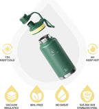IDEUS Insulated Stainless Steel Water Bottle with 2 Leak-Proof Lids, Thermal Water Flask for Hiking Biking, 32oz, Green