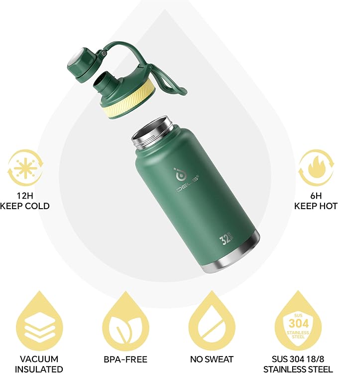 IDEUS Insulated Stainless Steel Water Bottle with 2 Leak-Proof Lids, Thermal Water Flask for Hiking Biking, 32oz, Green