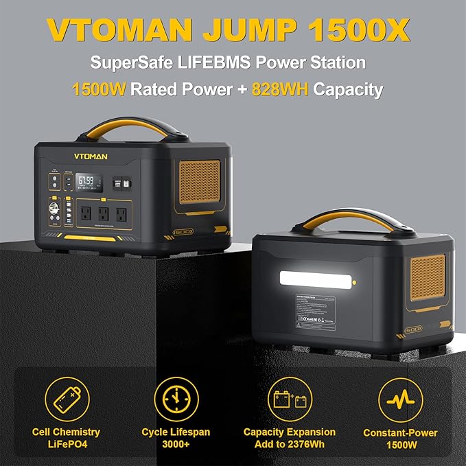 VTOMAN 2376Wh Portable Power Station, Jump 1500X Solar Generator with Extra Battery, 3000W Peak Durable LiFePO4 (LFP) Battery Station with 1500W AC Outlets, PD 100W for Home Backup & RV/Van Camping