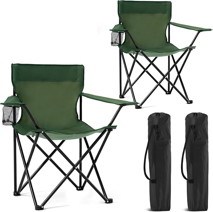 2 Pack Portable Camping Chairs Folding Lawn Chair Outdoor Lightweight Beach Chair with Cup Holder & Carry Bag for Outside Sports, Fishing, Hiking, Travel, Picnic, Backyard (Green)