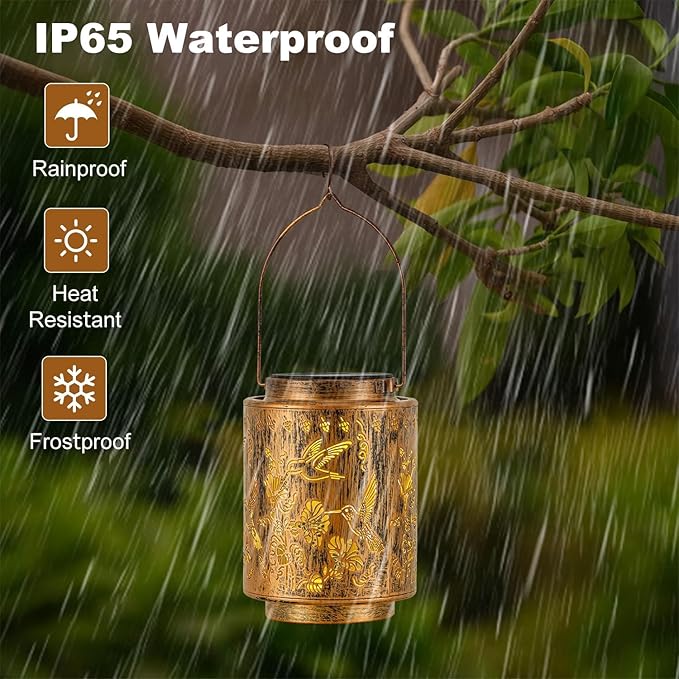Outdoor Solar Lantern Waterproof Decorative Hummingbird and Trumpet Flower Lights with Metal Construction Warm White Glow Gifts for Mom Grandma Patio Garden Décor
