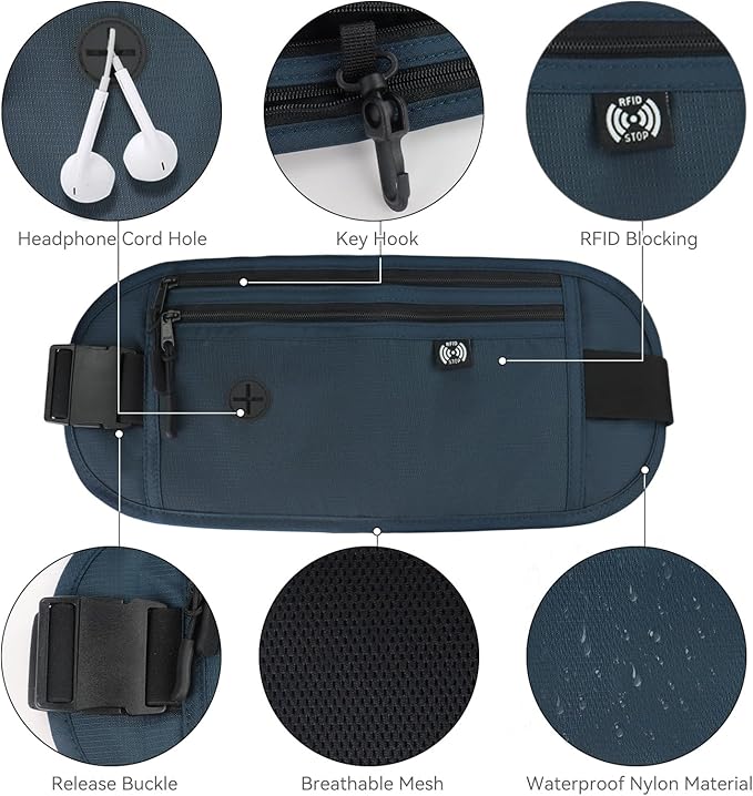 FuninCrea Waterproof Hidden Money Belt for Travel, Anti-Theft Belt Bag with RFID Blocking Function Adjustable Slim Waist Bag with 2 Zipper Pockets and 1 Back Pocket for Men and Women (Style l, Black)
