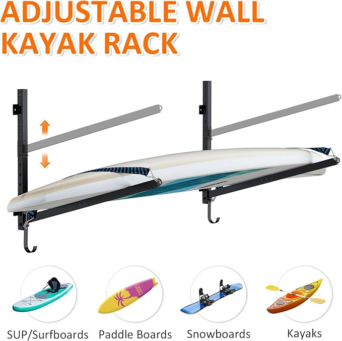Kayak Storage Rack for Garage Wall Mount - Heavy L-Frame Holder with Anti-Slip Bungee & Complete Installation Kit, Supports 150LB (Fits Canoe/Paddle Board, Black) (1PACK)