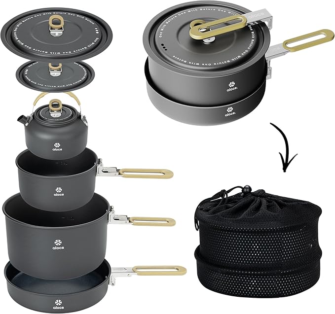 Alocs Portable Camping Cookware - Upgraded Handle, Non-Stick Camping Pan Set for Outdoor Kitchen, Picnic, Hiking and Fishing