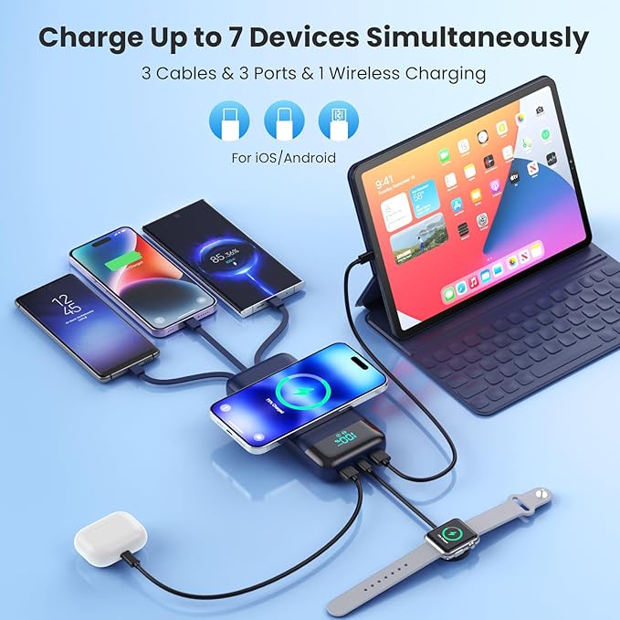 Wireless Portable Charger 40800mAh for iPhone with 3 Built-in Cables,7-in-1 15W Wireless Charging USB C Power Bank,LCD Display 25W PD QC 4.0 Fast Charging Battery Pack for iPhone 16/15/14 -Dark Blue