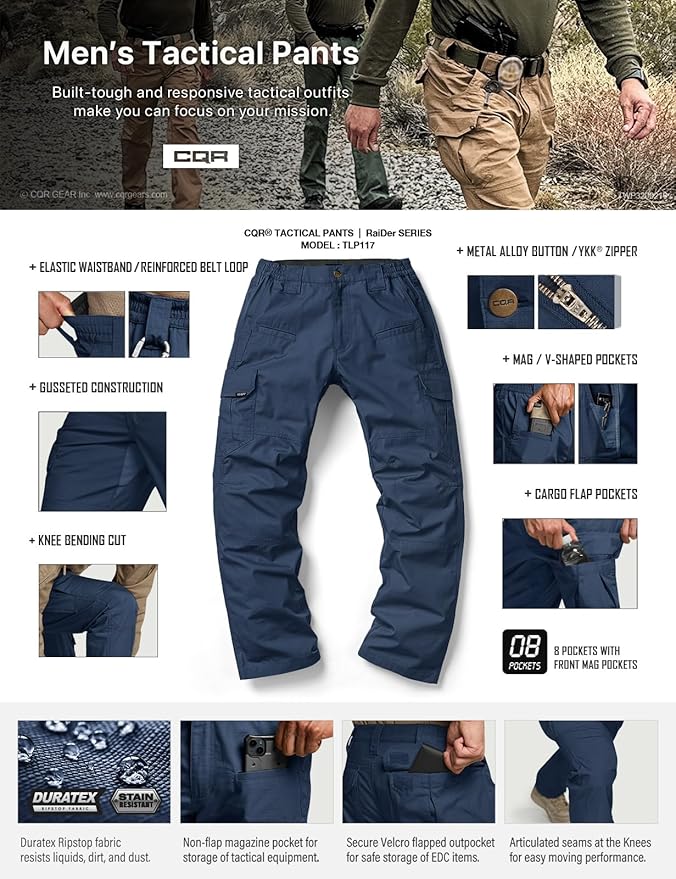 CQR Men's Tactical Pants, Water Resistant Ripstop Cargo Pants, Lightweight EDC Work Hiking Pants, Outdoor Apparel