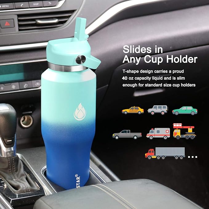 SENDESTAR 40oz Stainless Steel Water Bottle(Cold for 48 Hrs, Hot for 24 Hrs),Double Wall Vacuum Insulated Bottle with Straw Lid, Spout Lid and Flex Cap, Fit in Any Car Cup Holder