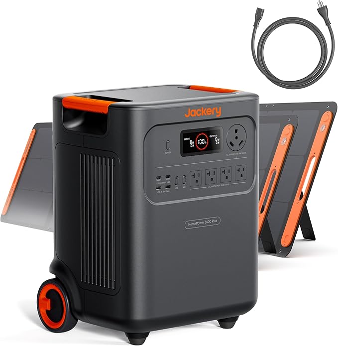 Jackery HomePower 3600 Plus Portable Power Station with AC Cable and 2x 200W Solar Panels, 3600W AC Output, 3584Wh Solar Generator, Expandable up to 43kWh, Essential Home Backup for Home Use