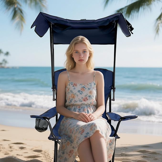Folding Camping Chair with Canopy, Portable Outdoor Beach Chair for Fishing, BBQ, Picnic, Backyard, Lightweight Sun Shade Chair with Cup Holder, Navy Blue