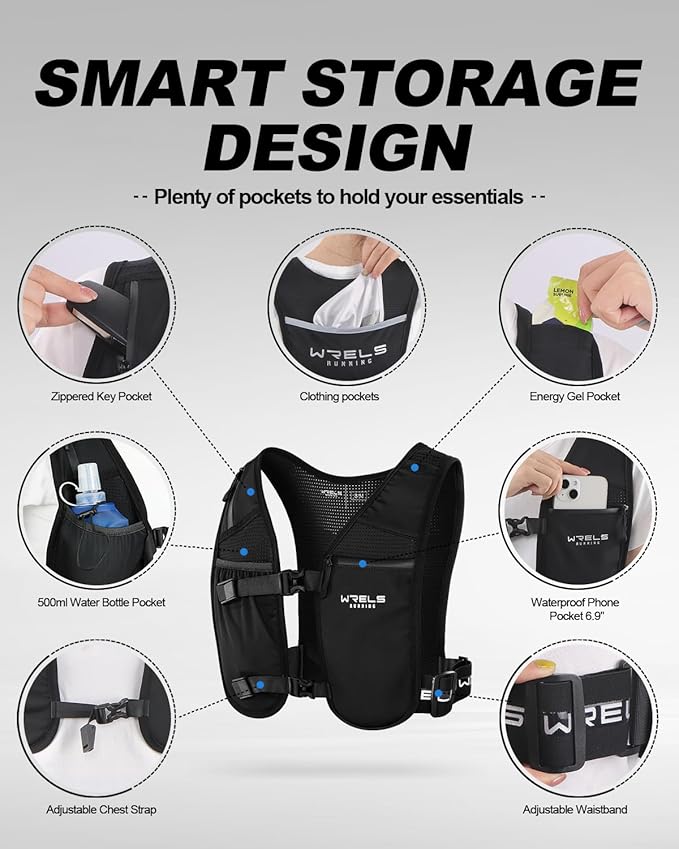 Running Vest with Running Water Bottle,Adjustable Reflective Hydration Vest with Waterproof Phone Holder for Women Men,Lightweight Water Vest for Outdoors