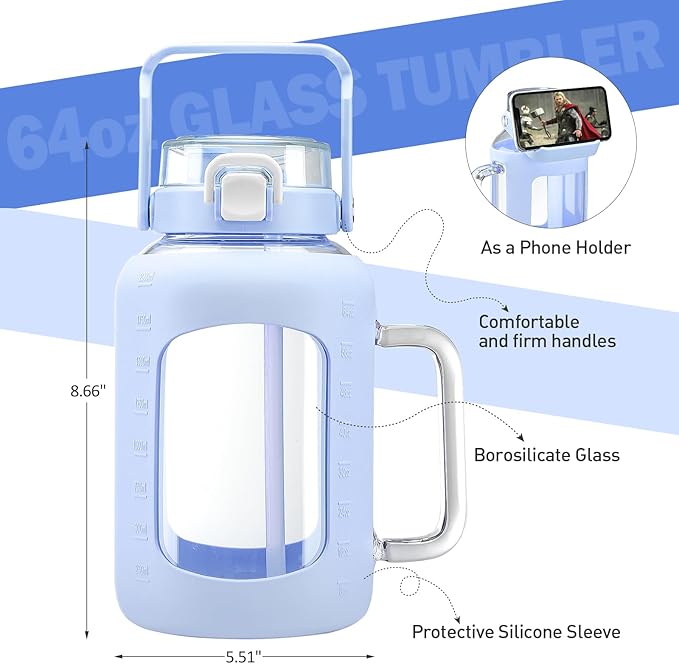 BLUEGO 64 oz Glass Water Bottle with Straw, Tumbler, Half Gallon, BPA Free, Light Blue, Sports, Daily Use, Travel, Hiking, Running, Cycling, Fitness
