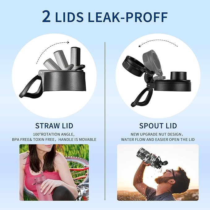 KXIAOCHEN Insulated Water Bottle, Stainless Steel Water Bottle, 2 Lids (Straw and Handle Lid),Wide Mouth Metal Water Bottles Keep Hot and Cold, Double Walled, Thermo Mug, Metal Canteen