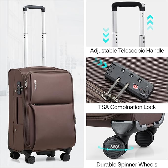 Hanke 3 Piece Luggage Sets Softside Expandable Carry On Luggage Set Travel Suitcase Sets with Spinner Wheels TSA Approved Luggage(Coffee, 20in/24in/28in)