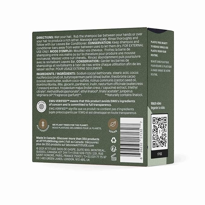 ATTITUDE Hydrating Shampoo Bar, Natural Origin, Ideal for Dry, Damaged Hair, Castor Oil, EWG Verified & Clean ingredients, Vegan, Herbal Musk, 4 Oz